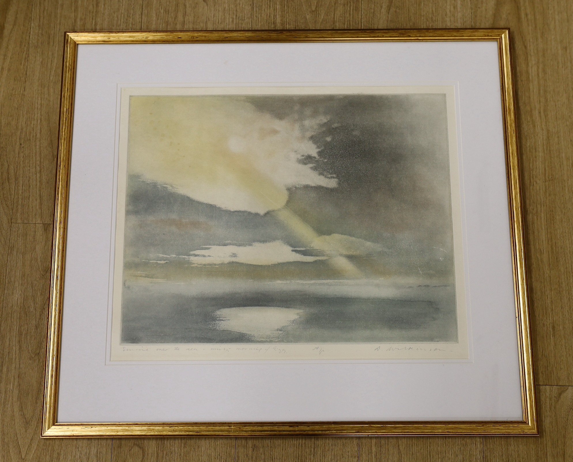 A. Wilkinson, artist proof print, 'Sunrise over the sea - misty morning of Eigg', signed in pencil, 40 x 50cm